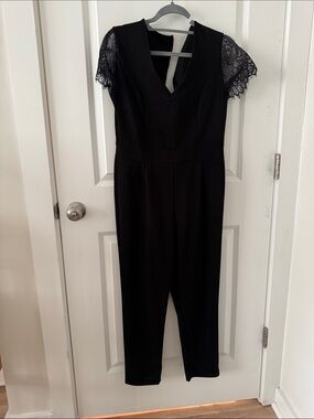 Source Unknown Black Lace-Sleeve V-Neck Jumpsuit